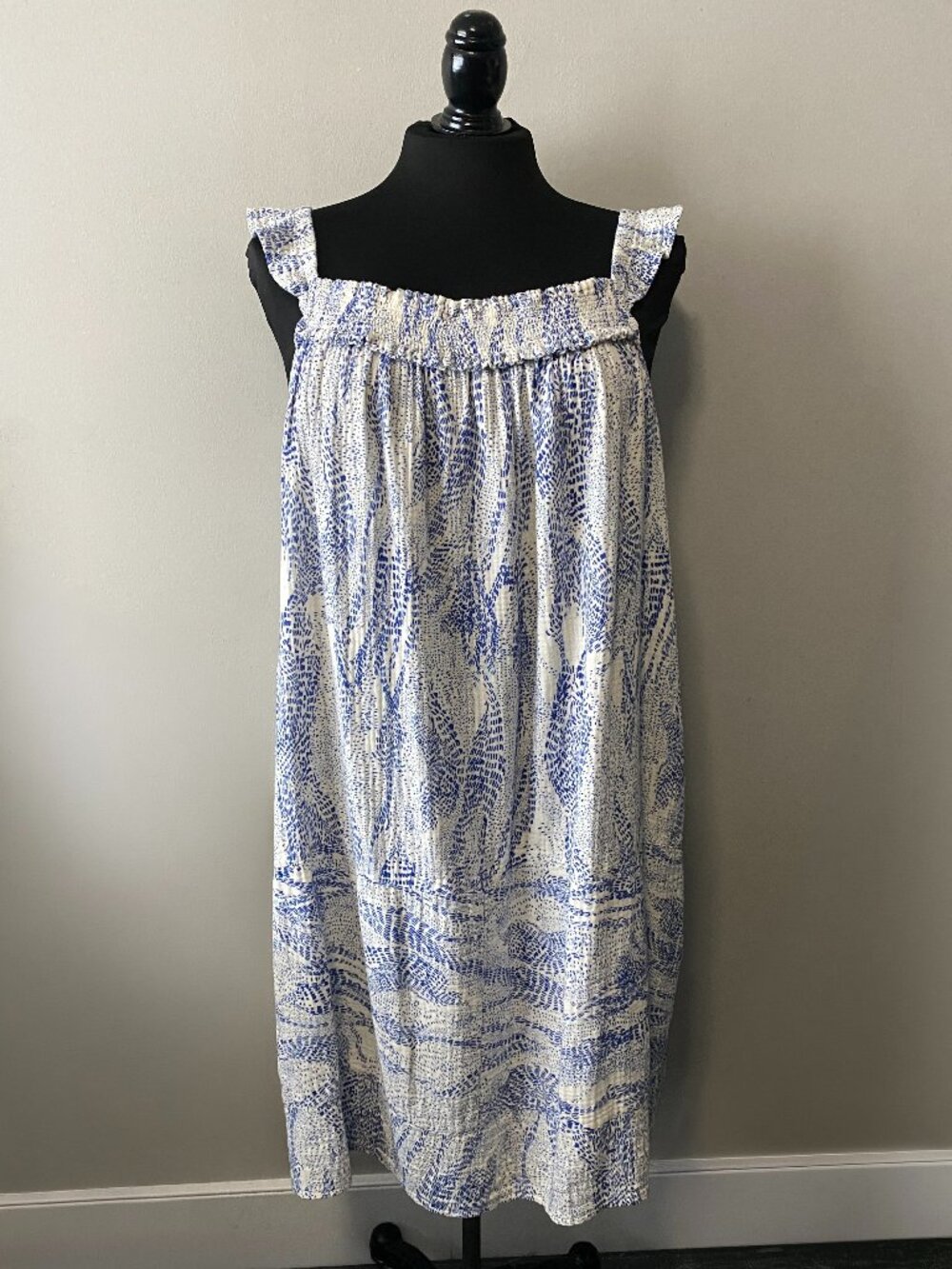 Handmade Plus Size Cotton Guaze Blue White Pattern Wide Strap Dress